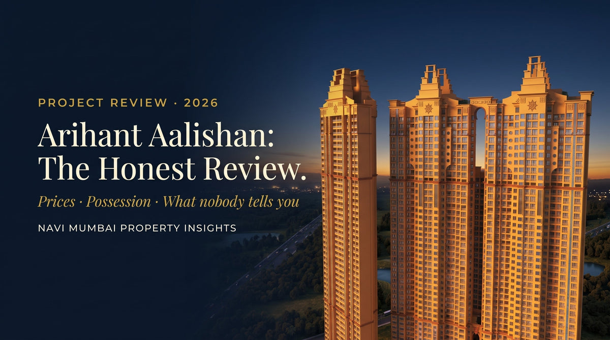 Arihant Aalishan Kharghar 53-storey towers at dusk — honest review 2026 with prices and possession status by Novus Properties